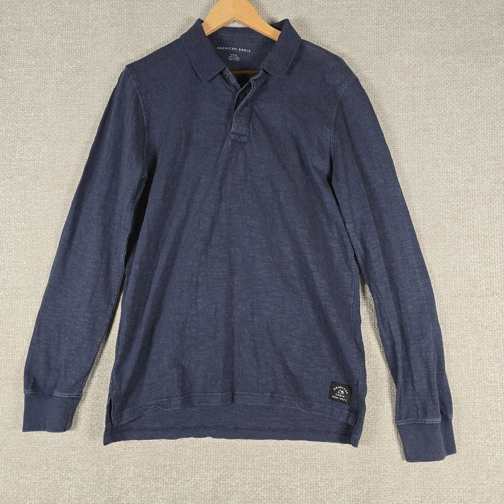American Eagle Mens Long Sleeve Polo Shirt Navy Blue Cotton‎ Slub Jersey Medium